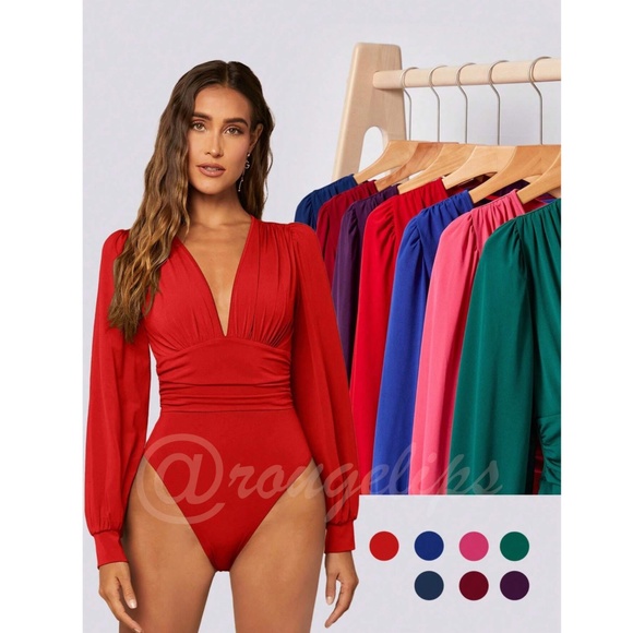 Red Elegant V neck Bodysuit Long Bishop Sleeves Stretchy Ruched Waist - Picture 9 of 10
